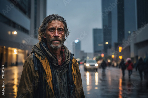 A homeless man on the street of a big city against the background of a large business center.
