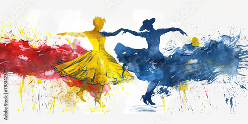 The Colombian Flag with a Salsa Dancer and a Coffee Grower - Visualize the Colombian flag with a salsa dancer representing Colombia's vibrant dance culture and a coffee grower symbolizing the country' photo