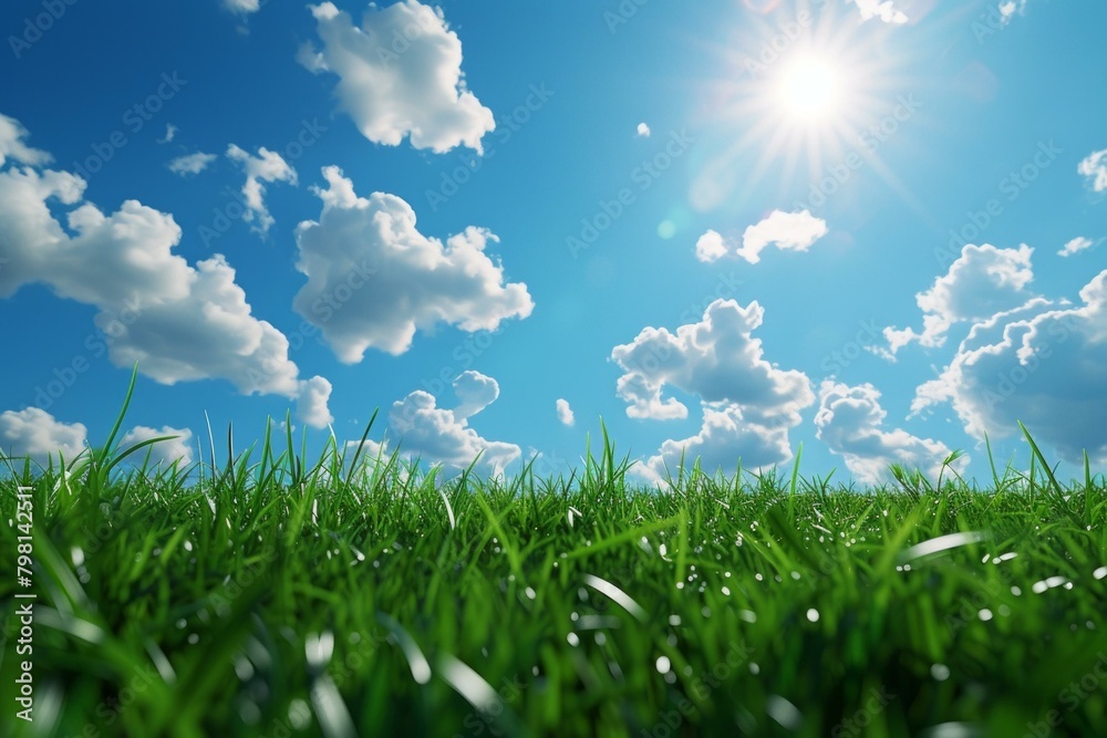 Fototapeta premium b'Green Grass Field Under Blue Sky With White Clouds'