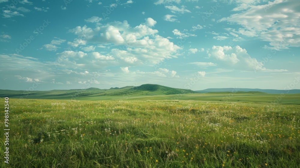 Fototapeta premium b'Green rolling hills under blue sky with white clouds'