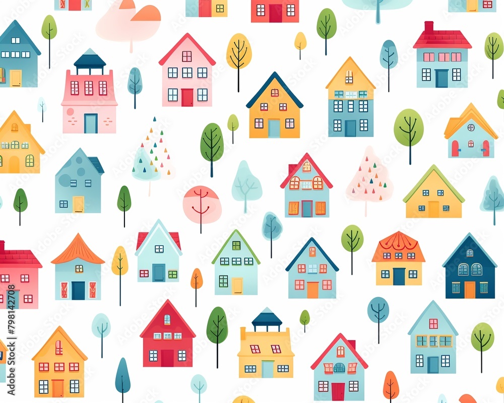 Cute house drawings in childlike style, repeating white background, flat simple line vector illustration ,  seamless pattern drawing