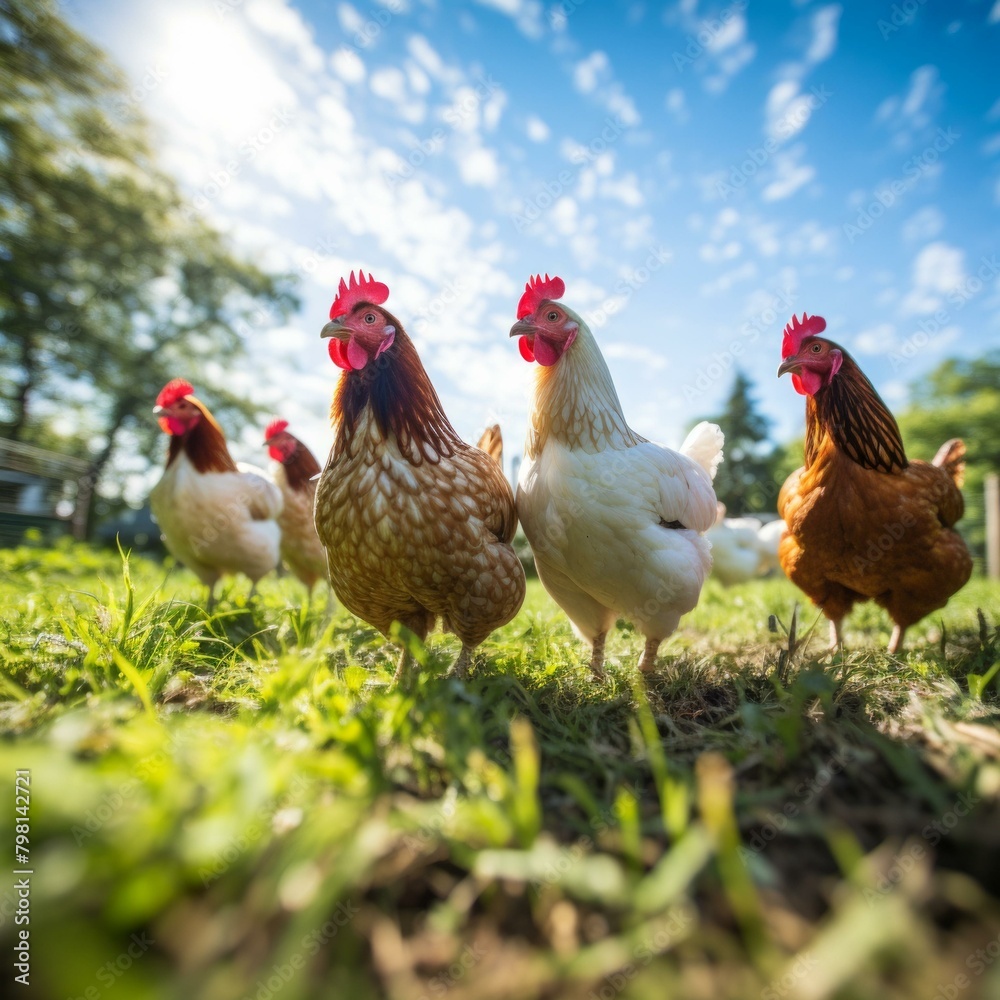Fototapeta premium b'A group of free range chickens on a grassy field looking at the camera'
