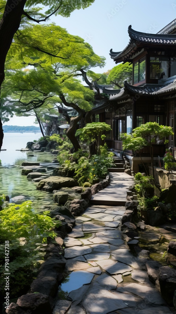 b'chinese style architecture near the lake surrounded by trees and plants' b'chinese style architecture near the lake surrounded by trees and plants'