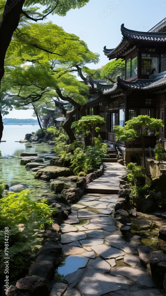 b'chinese style architecture near the lake surrounded by trees and plants'