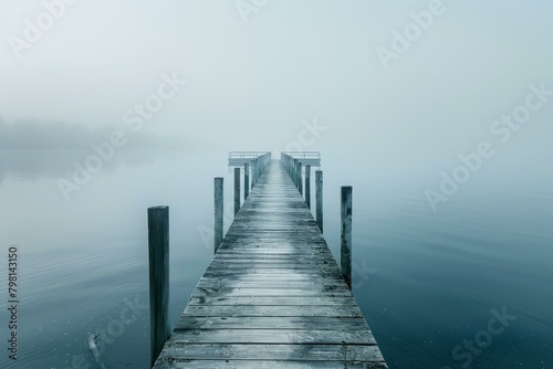 b'Wooden dock extending into calm lake on foggy day'