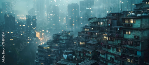 Rain-drenched slums in the foreground with the glow of a rich cityscape in the background