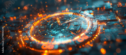 A digital representation of a temporal dimension concept with glowing orange and blue light streaks and a futuristic clock interface - Time-space science background photo