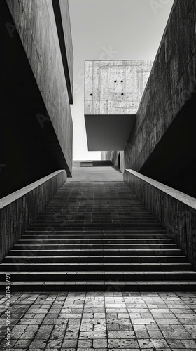 b Black and white brutalist architecture with concrete staircase 