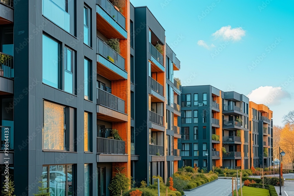 b'Modern apartment buildings with glass windows and balconies'