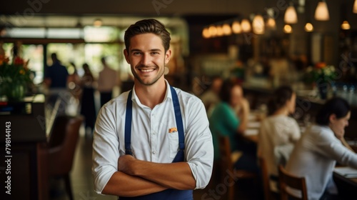 b'Portrait of a Smiling Caucasian Man in a Restaurant'