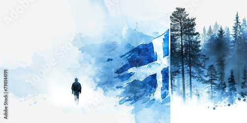 The Finnish Flag with a Sauna Enthusiast and a Mobile Game Developer - Visualize the Finnish flag with a sauna enthusiast representing Finland's sauna culture and a mobile game developer photo