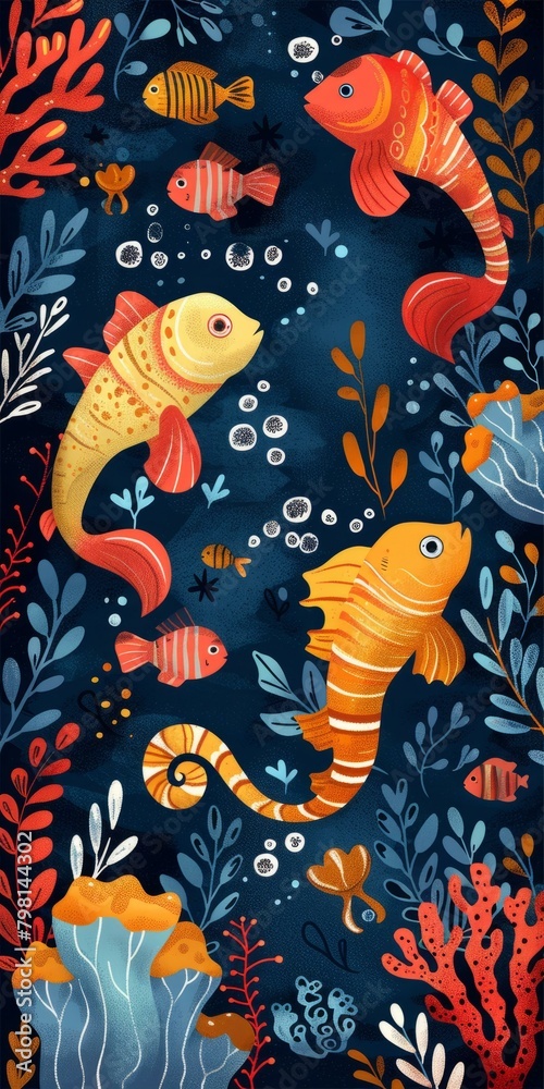 b'Illustration of a school of fish swimming in a coral reef'
