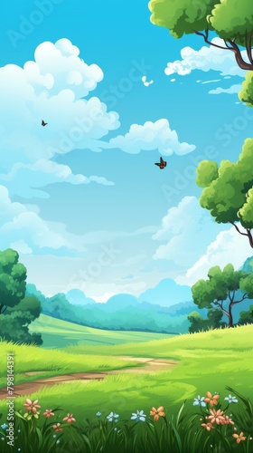 b Cartoon illustration of a green field with a blue sky and white clouds 