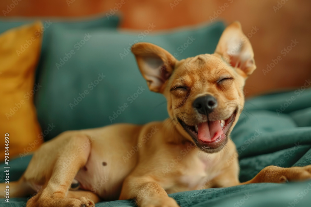 Perrito sonriendo en el sofá. Perrito sonriendo en el sofá.