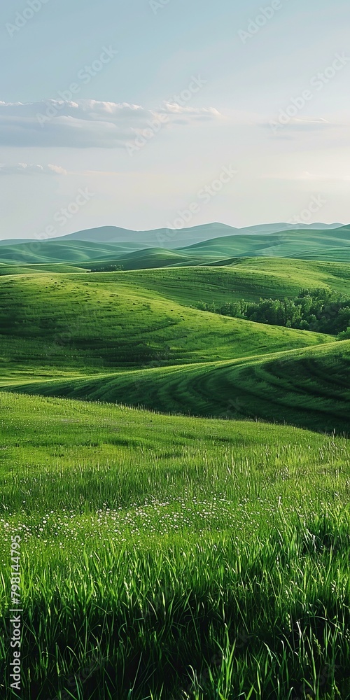 b'Grassland scenery with green hills and blue sky'