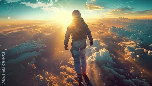Skydiver feels intense thrill diving towards earth against sunset and fluffy clouds. Concept Extreme Sports, Adrenaline Rush, Skydiving, Sunset Adventure, Flight Experience photo