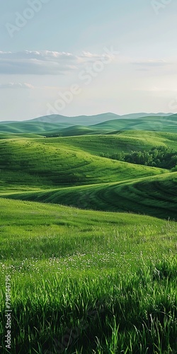 b'Grassland scenery with green hills and blue sky'