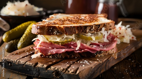 sandwich with sauerkraut and meat on a wooden background