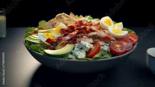 Salad with ham, eggs, tomatoes, and lettuce on a black background