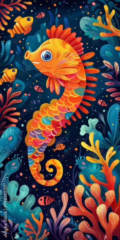 b'Colorful Illustration of a Seahorse Surrounded by Tropical Fish and Plants'