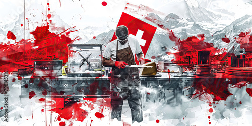 The Swiss Flag with a Cheese Maker and a Watchmaker - Visualize the Swiss flag with a cheese maker representing Switzerland's cheese production and a watchmaker symbolizing the country's watchmaking i