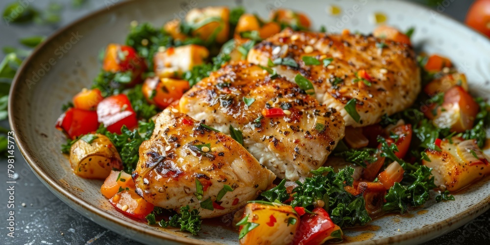 b'Grilled chicken breast with roasted vegetables and kale' b'Grilled chicken breast with roasted vegetables and kale'