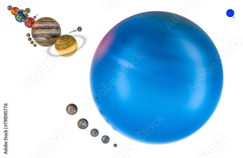 Uranus with satellites and solar system, 3D rendering isolated on transparent background photo