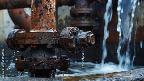 Leaking rusty pipes with water drops in an industrial setting. Environmental pollution and old pipeline corrosion concept. photo