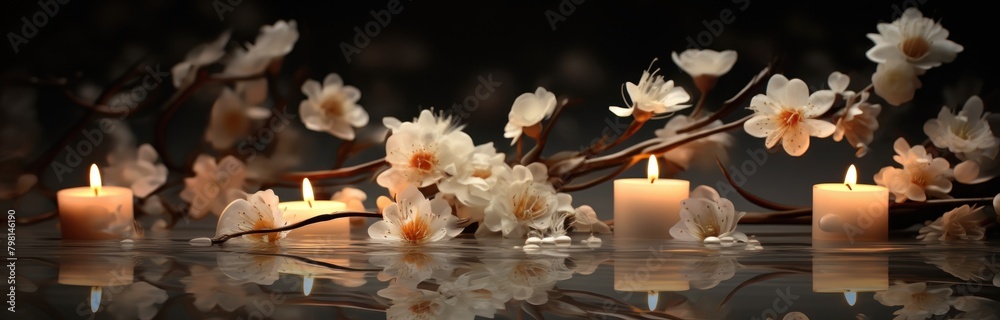 a candle and flowers on water