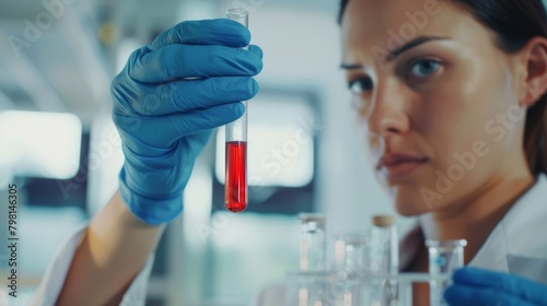 Female scientist examining test tube with red liquid. Modern laboratory research concept.