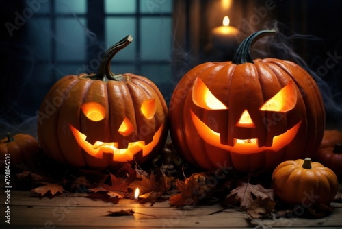 a couple of carved pumpkins with candles and leaves