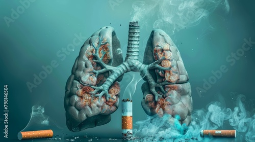 Smoking effect on lungs concept illustration. Health warning about the dangers of smoking with smoke and ash for educational campaigns