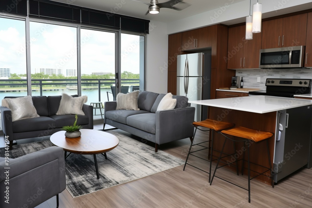 b'Modern apartment living room with open kitchen and large windows' b'Modern apartment living room with open kitchen and large windows'