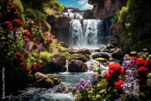 a waterfall surrounded by flowers