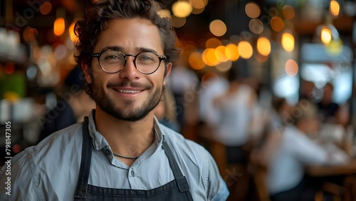 A male waiter in glasses warmly greets customers with confidence and a smile. Concept Hospitality, Customer Service, Smiling, Interaction, Glasses