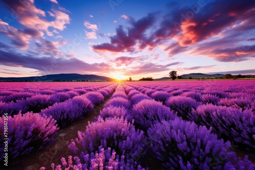 a field of lavender with a sunset in the background