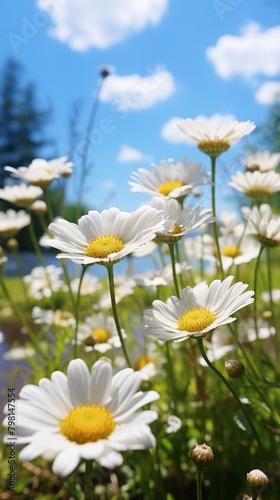 b'Field of daisies with a blue sky and white clouds in the background'