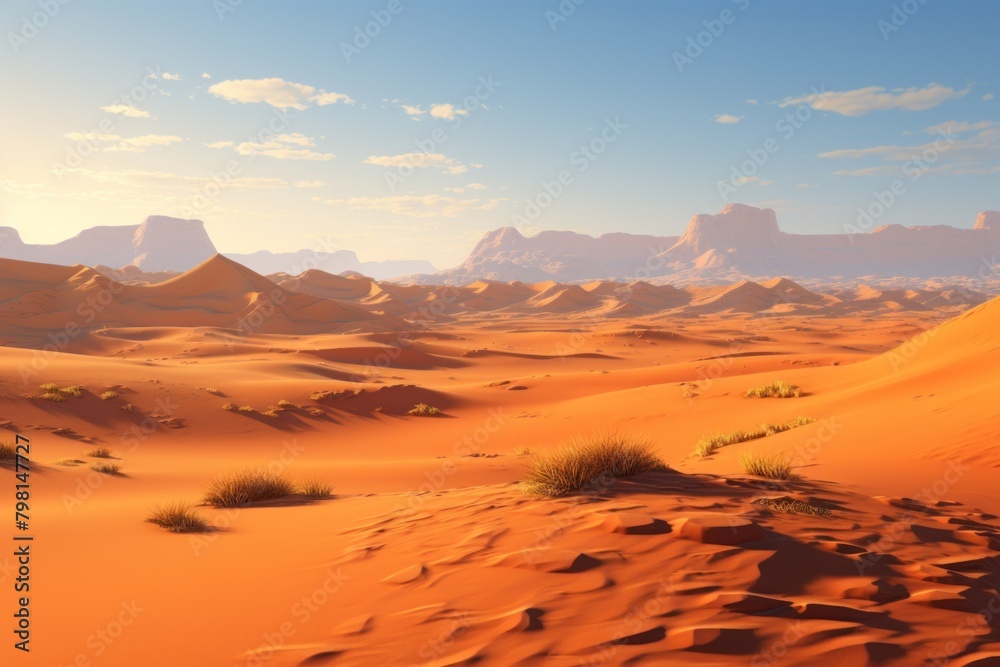 a desert with sand dunes and mountains