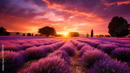 a field of lavender with trees and a sunset