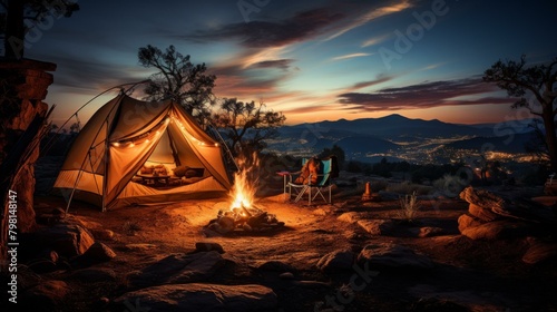 b'Camping under the stars with a beautiful view of the mountains'