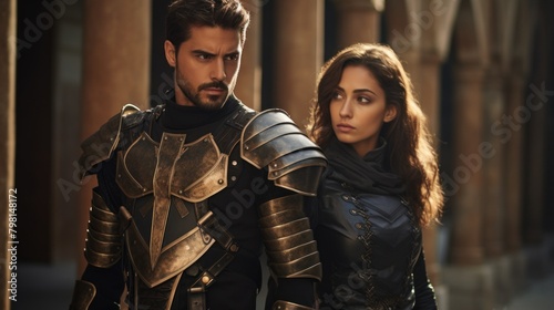 a man and woman in armor