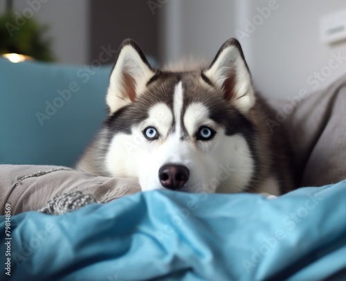 a dog lying on a blanket