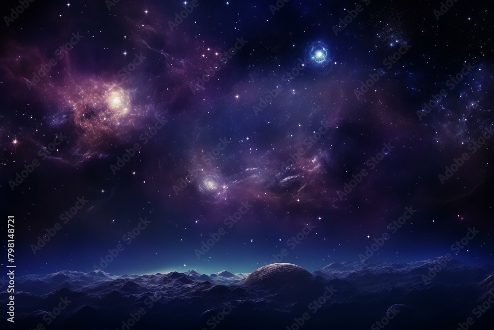 b'Fantasy alien planet landscape with beautiful nebula and stars'