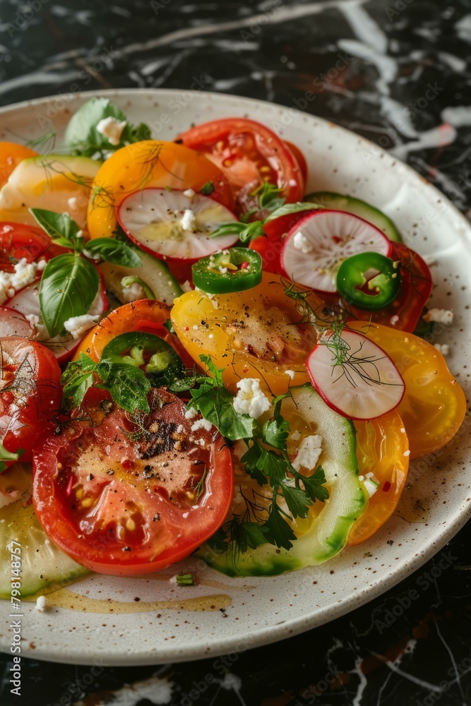 b'colorful tomato salad with cucumber radish and feta cheese'