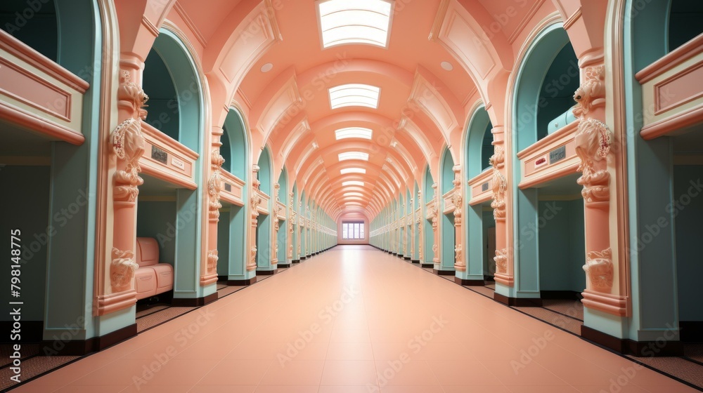 b'liminal space pink pastel arched hallway'