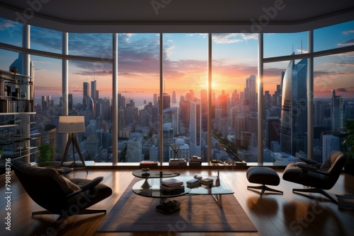 b'Modern living room interior with floor-to-ceiling windows overlooking a beautiful cityscape at sunset'