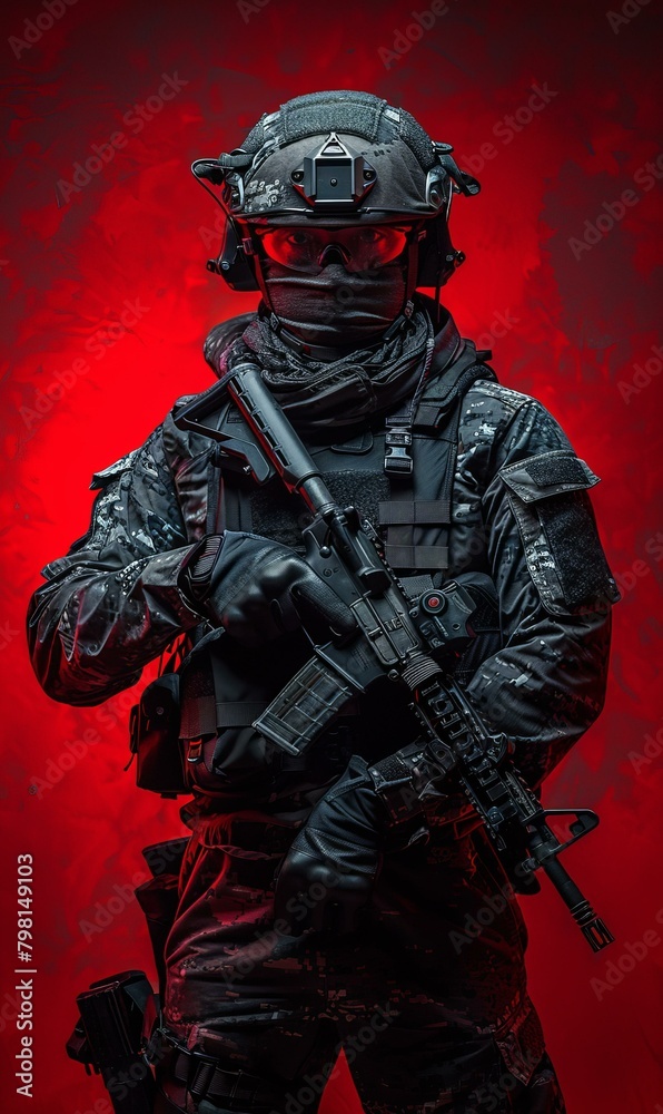 b'Special forces soldier in black uniform and mask holding a gun'