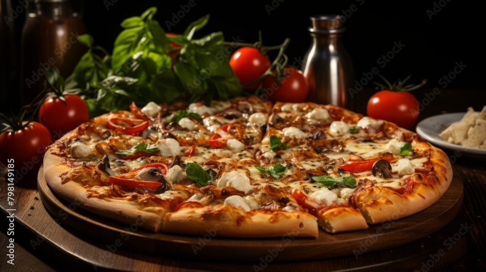 b'A delicious pizza with mushrooms, peppers and basil' b'A delicious pizza with mushrooms, peppers and basil'