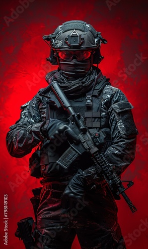 b'Special forces soldier in black uniform and mask holding a gun'