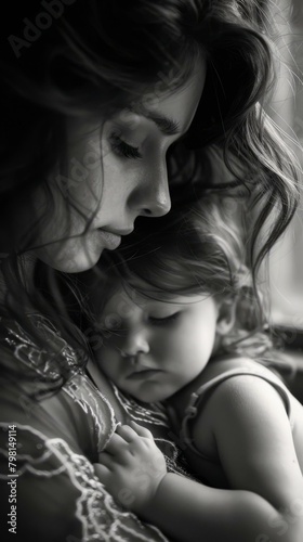 b'black and white photo of a mother and her child'